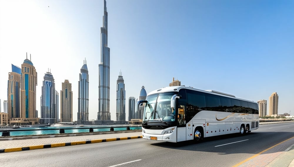 Dubai skyline with iconic Burj Khalifa and luxury tour bus